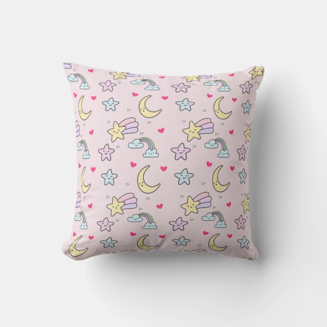Moon, Stars and Clouds Pattern on Pastel Pink Cushion (Front)