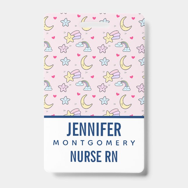 Moon, Stars and Clouds Pattern on Pastel Pink ID Badge (Front)