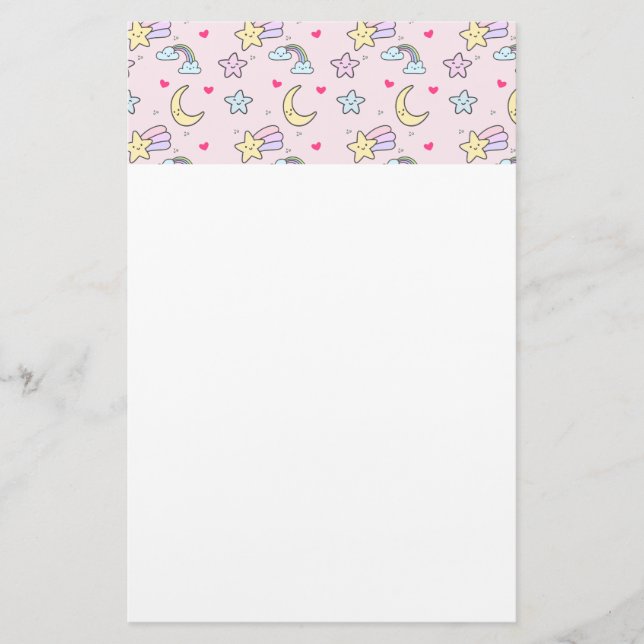 Moon, Stars and Clouds Pattern on Pastel Pink Stationery (Front)