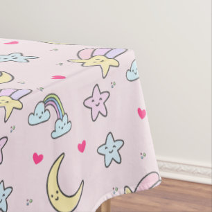 Moon, Stars and Clouds Pattern on Pastel Pink Tablecloth