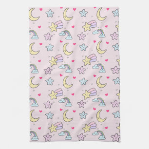 Moon, Stars and Clouds Pattern on Pastel Pink Tea Towel