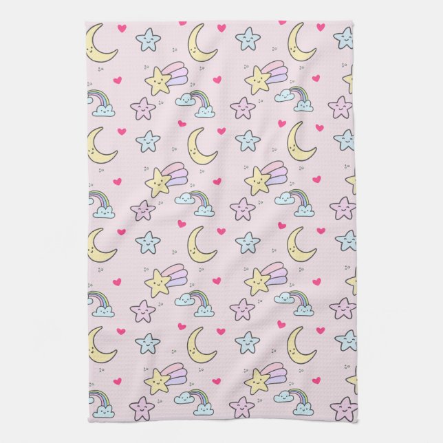 Moon, Stars and Clouds Pattern on Pastel Pink Tea Towel (Vertical)