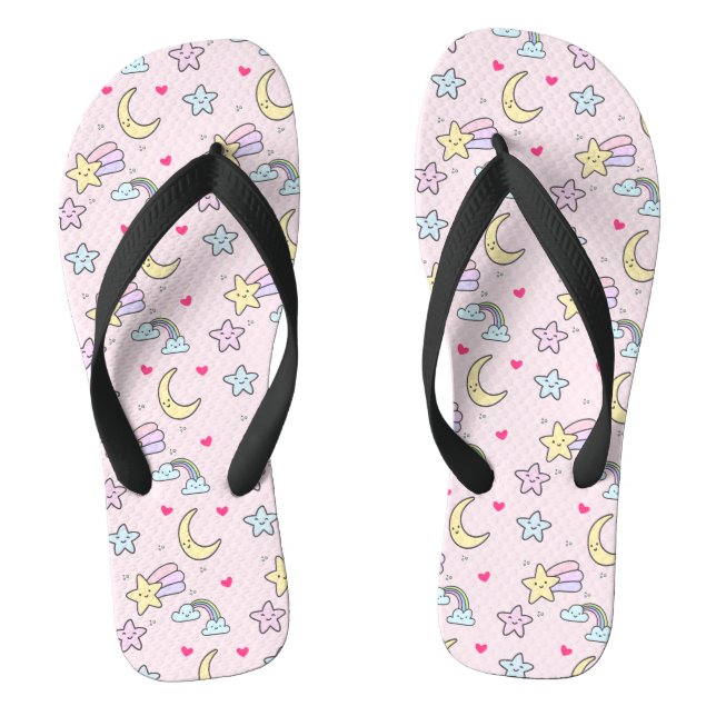 Moon, Stars and Clouds Pattern on Pastel Pink Thongs (Footbed)