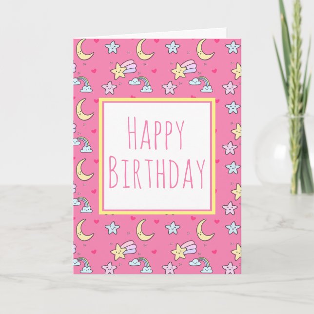 Moon, Stars and Clouds Pattern on Pink Birthday Card (Front)
