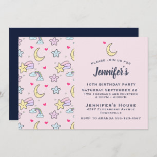 Moon, Stars and Clouds Pattern on Pink Birthday Invitation