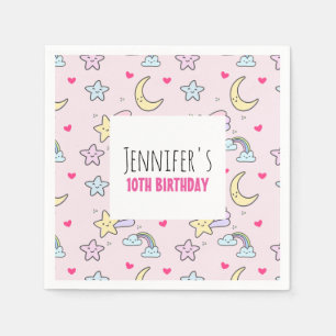 Moon, Stars and Clouds Pattern on Pink Birthday Napkin