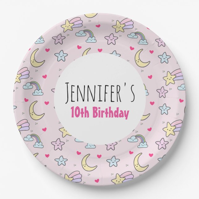 Moon, Stars and Clouds Pattern on Pink Birthday Paper Plate (Front)