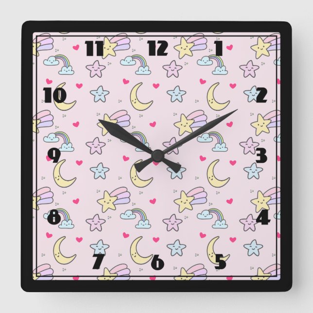 Moon, Stars and Clouds Pattern on Pink Square Wall Clock (Front)