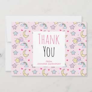 Moon, Stars and Clouds Pattern on Pink Thank You Card