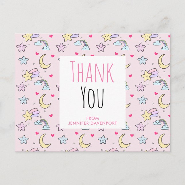 Moon, Stars and Clouds Pattern on Pink Thank You Postcard (Front)
