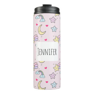 Moon, Stars and Clouds Pattern on Pink Thermal Tumbler