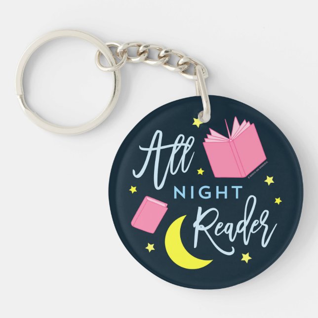 Moon Stars and Pink Books All Night Reade Key Ring (Front)