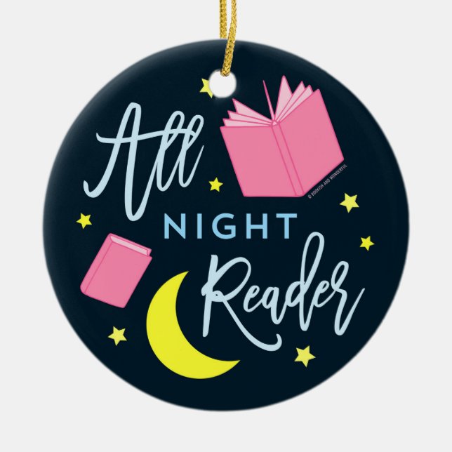 Moon Stars and Pink Books All Night Reader Ceramic Ornament (Front)