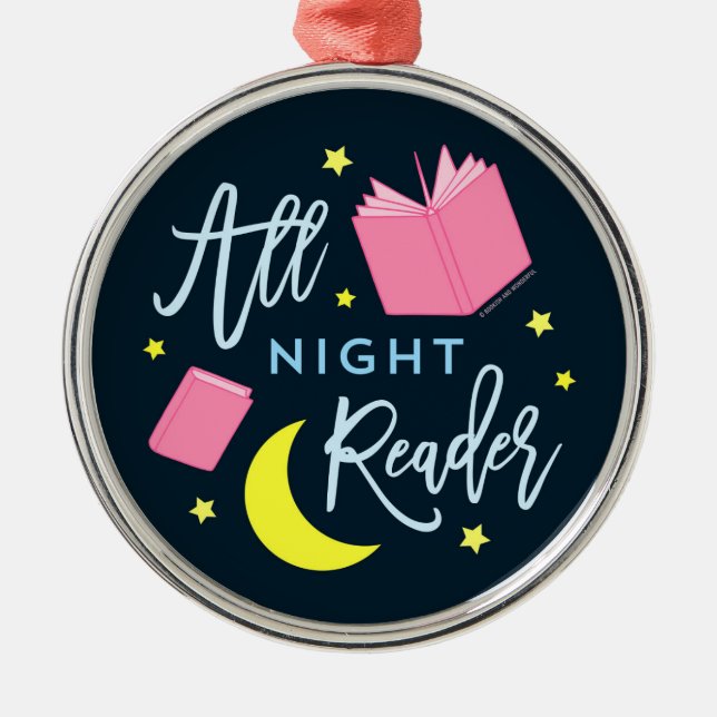 Moon Stars and Pink Books All Night Reader Metal Ornament (Front)