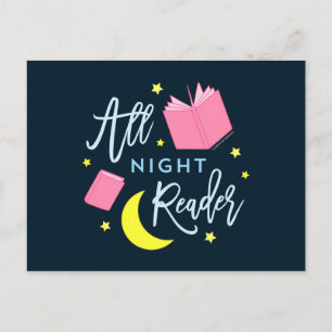Moon Stars and Pink Books All Night Reader Postcard