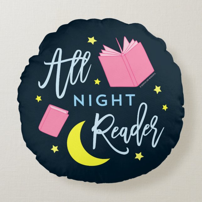 Moon Stars and Pink Books All Night Reader Round Cushion (Front)