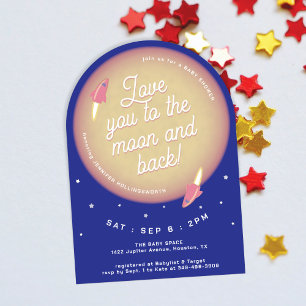 Moon, Stars, and Rockets Pink Baby Shower Invitation