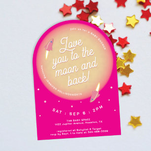Moon, Stars, and Rockets Pink Baby Shower Invitation