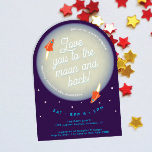 Moon, Stars, and Rockets Red & Purple Baby Shower Invitation