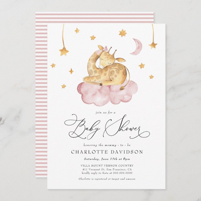 Moon & Stars Animal Giraffe Pink Girl Baby Shower Invitation (Front/Back)