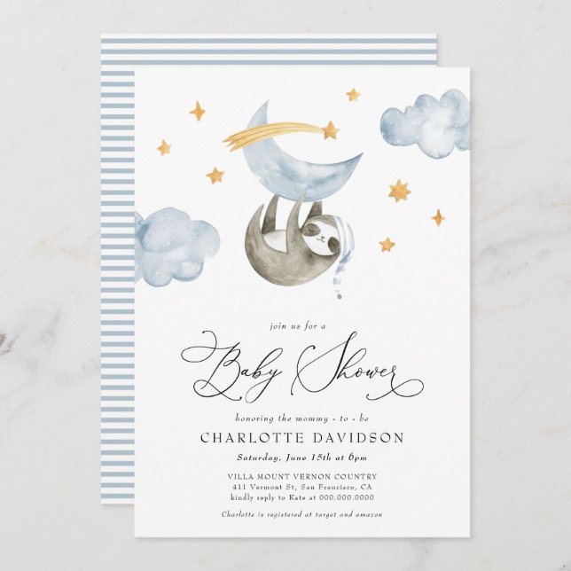 Moon & Stars Baby Animal Blue Boy Baby Shower Invitation (Front/Back)