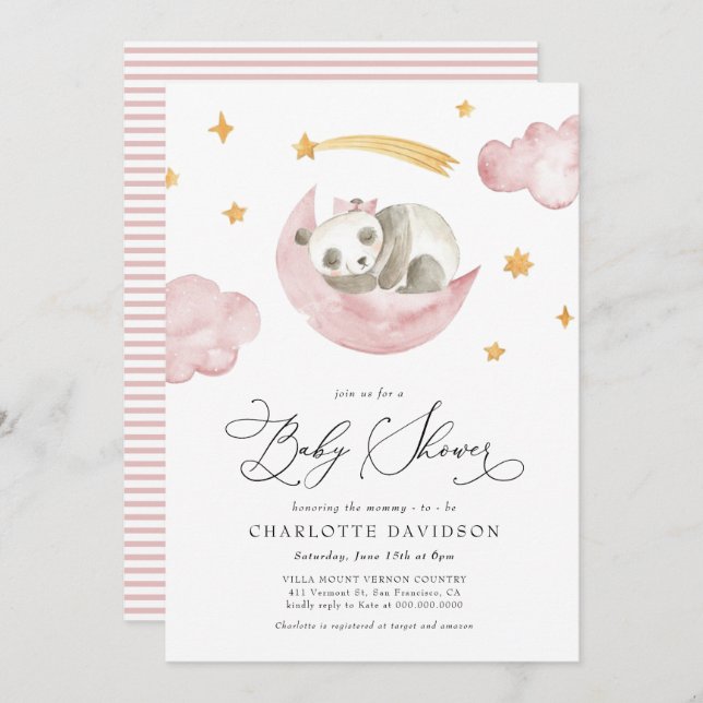 Moon & Stars Baby Animal Pink Girl Baby Shower Invitation (Front/Back)