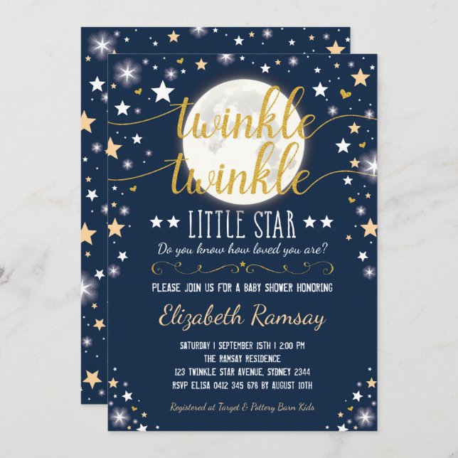 Moon & Stars Baby Shower Navy Gold Twinkle Twinkle Invitation (Front/Back)