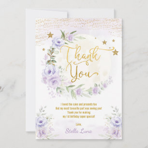 Moon & Stars Birthday Purple Gold Floral Thank You Card