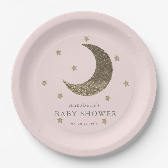 Moon & Stars Blush Pink Baby Shower Paper Plate (Front)