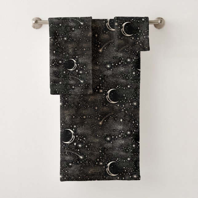 Moon Stars Celestial Black Bath Towel Set (Insitu)