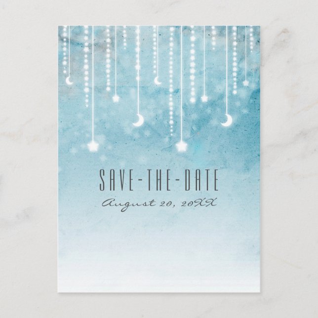 Moon & Stars Celestial Blue Modern Save the Date Announcement Postcard (Front)