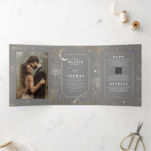 Moon Stars Celestial Grey and Gold Wedding Photo Tri-Fold Invitation