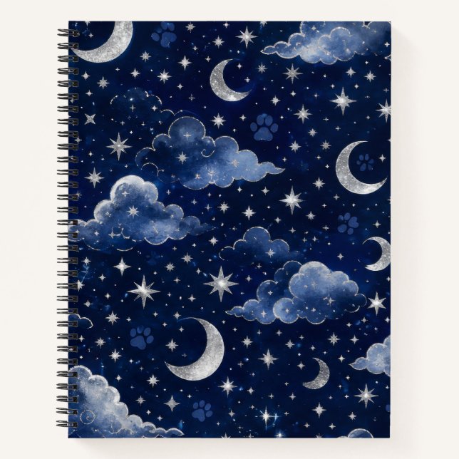 Moon Stars Clouds and Paw Prints Notebook (Front)