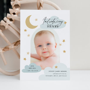 Moon Stars Clouds Arch Photo Baby Blue Birth Announcement