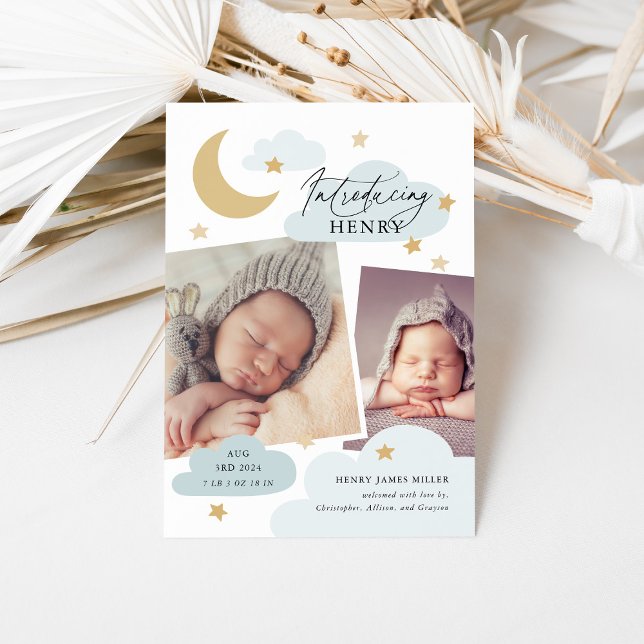 Moon Stars Clouds Collage Photo Baby Blue Birth Announcement (Creator Uploaded)