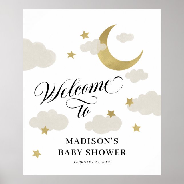 Moon Stars Clouds Fancy Script Shower Welcome Sign (Front)