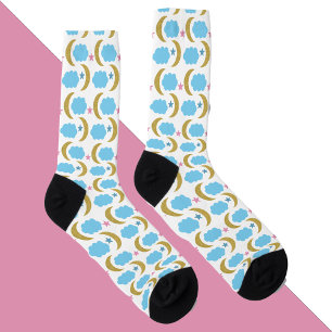 Moon Stars Clouds Faux Gold Glitter Blue Socks