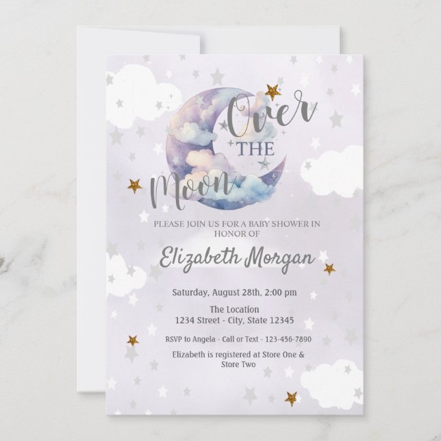 Moon Stars & Clouds Lavender Baby Shower  Invitation (Front)