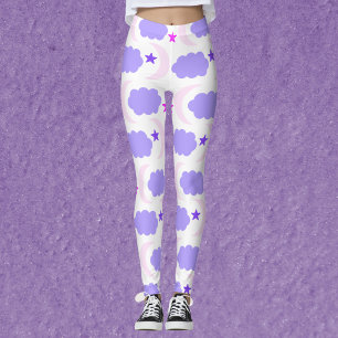 Moon Stars Clouds Pattern Dark Purple Pink Leggings