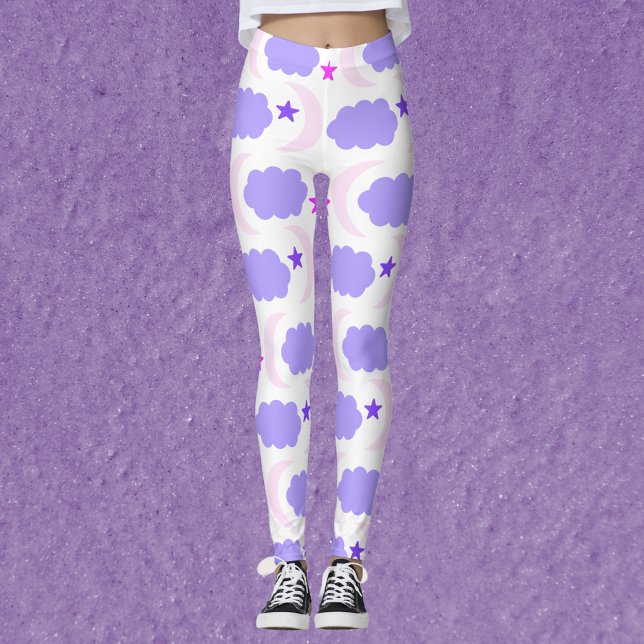 Moon Stars Clouds Pattern Dark Purple Pink Leggings (A pair of leggings with a moon, star and cloud pattern in pink and purple.)