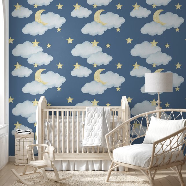 Moon Stars Clouds Sky Neutral Baby Nursery Wallpaper (Kids)