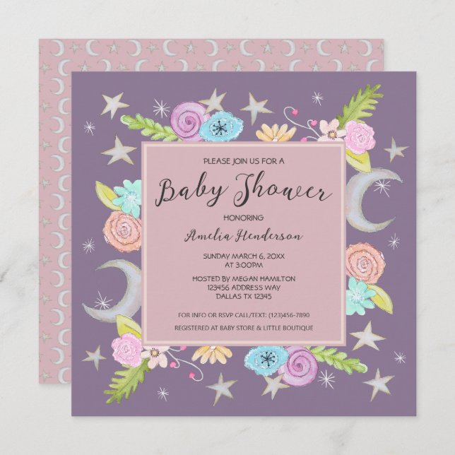 Moon Stars Floral Whimsical Lavender Baby Shower Invitation (Front/Back)
