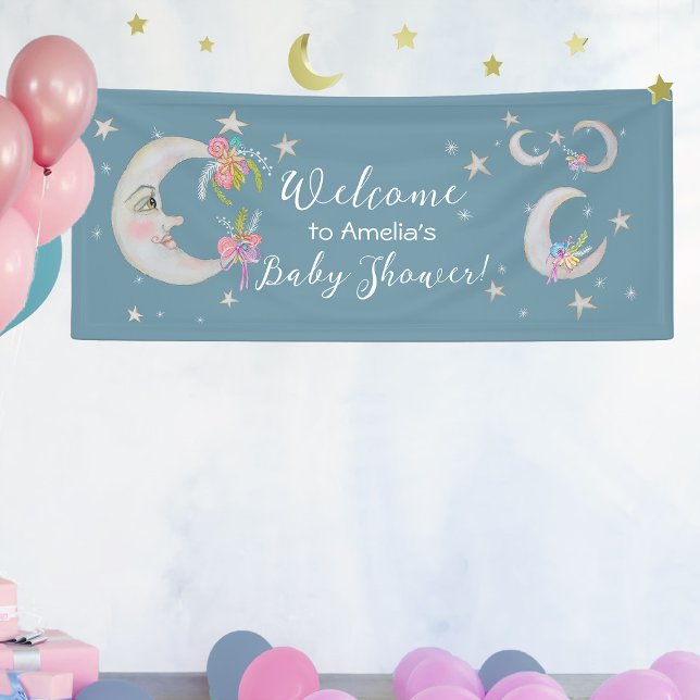Moon Stars Flowers Teal Blue Baby Shower Welcome Banner (Creator Uploaded)