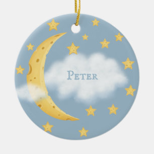 Moon Stars & Fluffy Cloud Blue Baby Keepsake Ceramic Ornament