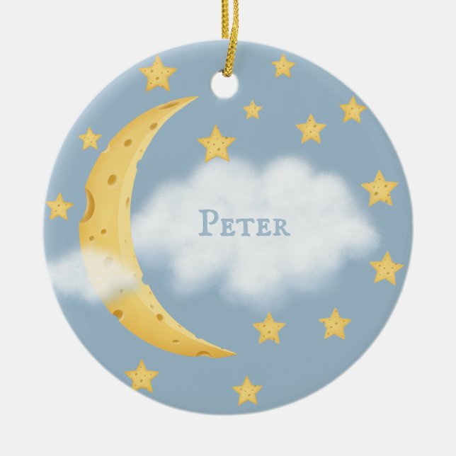 Moon Stars & Fluffy Cloud Blue Baby Keepsake Ceramic Ornament (Front)