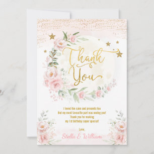 Moon & Stars Girl Birthday Blush Pink Gold Floral  Thank You Card
