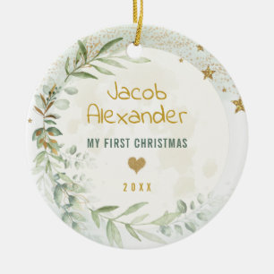 Moon & Stars Greenery Gold Baby 1st Christmas Ceramic Ornament