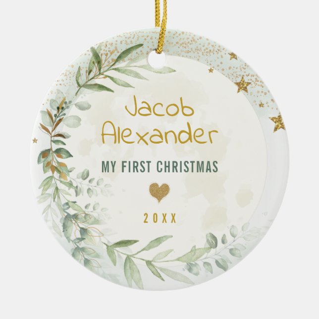 Moon & Stars Greenery Gold Baby 1st Christmas Ceramic Ornament (Front)