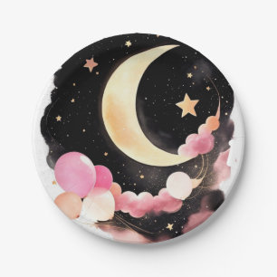 Moon & Stars Magic: Watercolor Baby Girl Shower Paper Plate