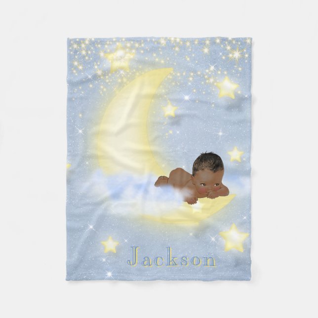Moon Stars Personalised African American Baby Fleece Blanket (Front)